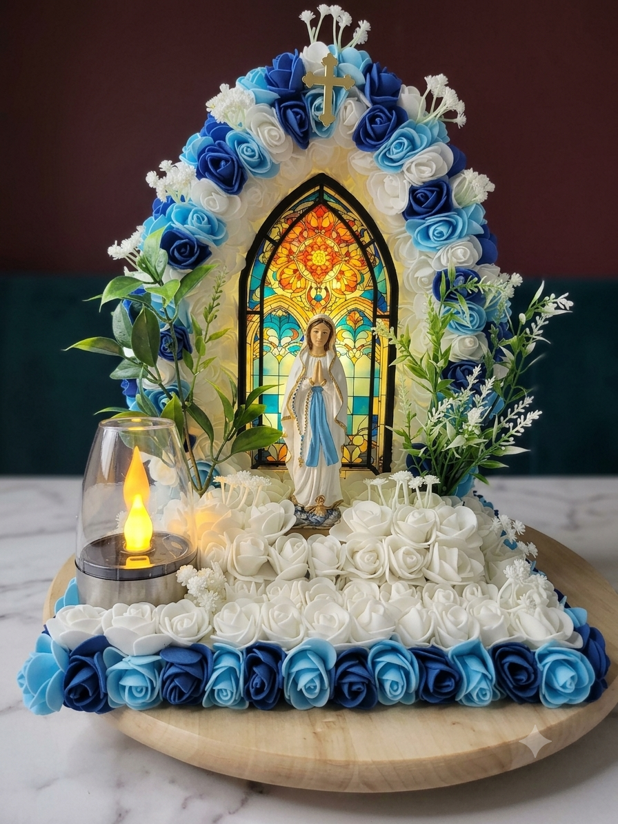 Grotte de la vierge avec vitraux pour monument funéraire