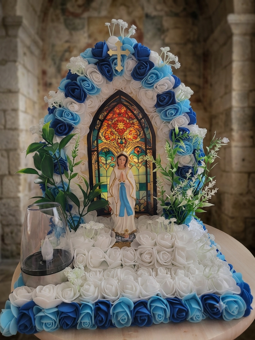 Grotte de la vierge avec vitraux pour monument funéraire