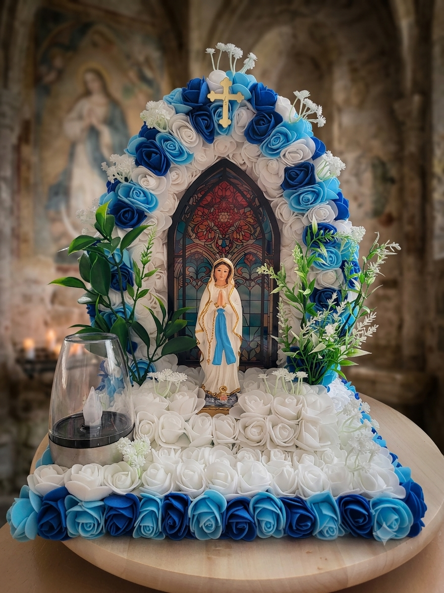 Grotte de la vierge avec vitraux pour monument funéraire